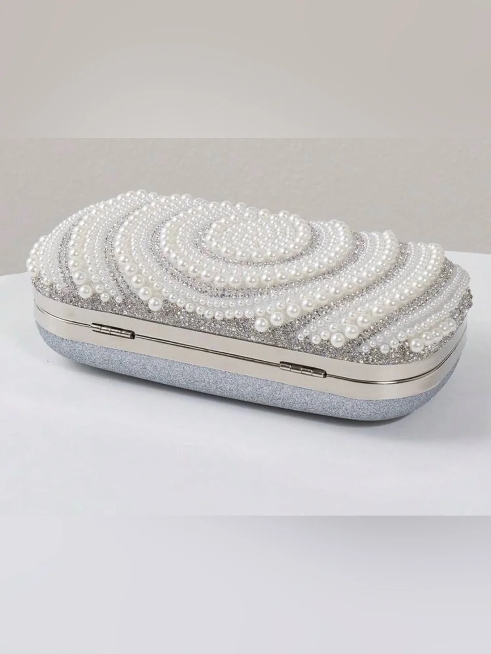 Pearl & Crystal Embellished Clutch - Silver